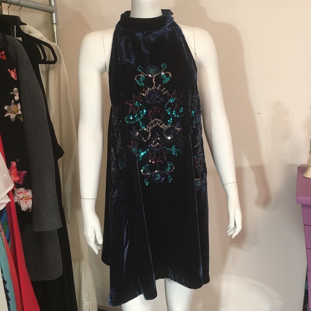 Free People Navy Velvet & Sequin Dress ALine Swing - Picture 4 of 9